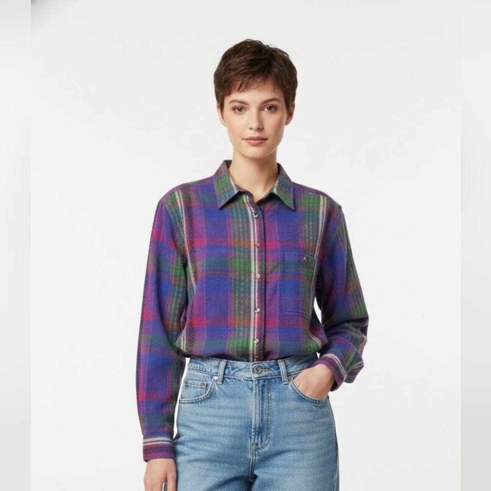 Vintage Cabin Creek Button Down Blouse Purple Green Plaid Preppy Boho 18W